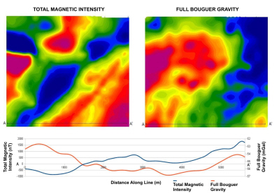 Total Magnetic Intensity and Full Bouguer Gravity grids
